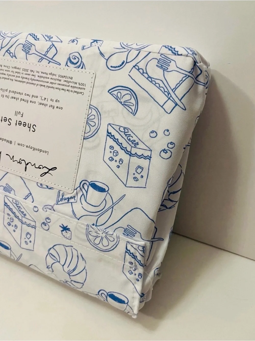 London Kaye Parisian Pastry Full Size Sheet Set White Blue Croissant Coffee